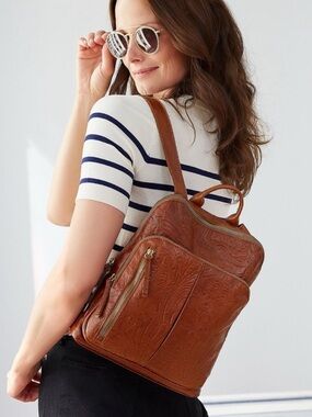 American Leather Co. Cleveland Backpack Purse Brown Tooled Classic Floral